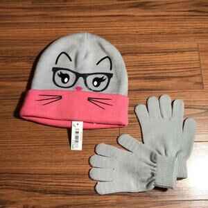 NWT Spotted Zebra Kids Cat Face Beanie with Gloves Gray Pink
